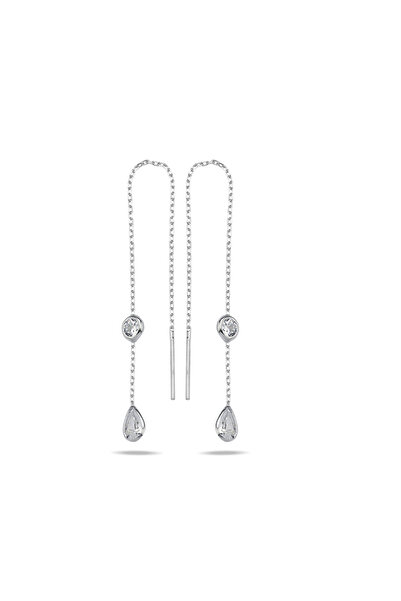 Nereze 925 Ayar Gümüş Rodyum Kaplama Zirkon Taşlı Damla Zincir Küpe