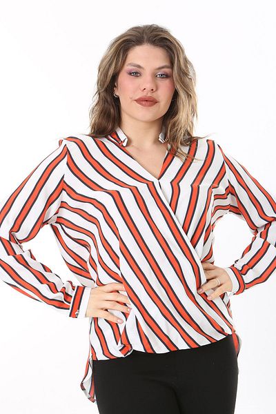 Şans Plus Size Orange Viscose Wrap Blouse - Closed 65N37614