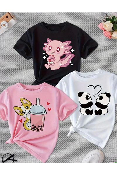 MORNİNG KİDS Tricou pentru fetiță Milkshake Panda din 3 piese