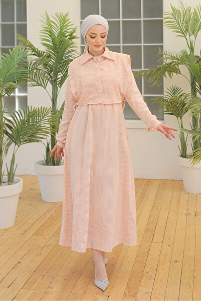 Bestenur Φόρεμα γιλέκο ριγέ σομόν 1015