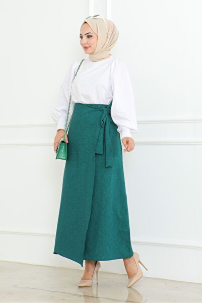 Bestenur Emerald Green Linen Skirt 1085 - Wraped
