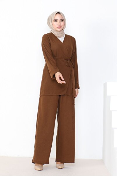 Bestenur Linen Kimono and Trousers Set 1038 - Brown