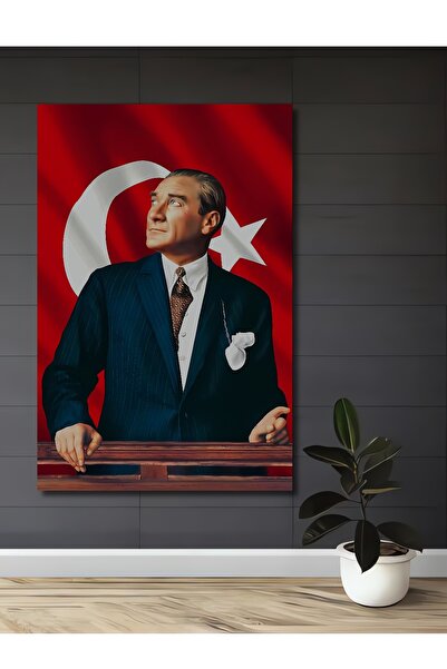 Teona Ahşap Dekoratif Ahşap Tablo Atatürk Göğe Bakarken Arkada Türk Bayrağı