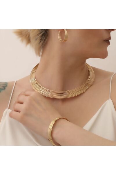 Rachel Silver Steel Gold Color Italian Spiral Model Adjustable Choker Necklace Bracelet Earring Set