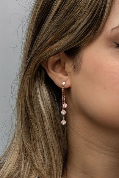 Nereze 925 Ayar Gümüş Rose Kaplama Sallantılı 3'Lü Zirkon Taşlı Küpe