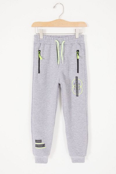 Cansın Mini Gray Zippered Pocket Text Printed Boy's Ribbed Sweatpants 17048