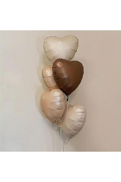 Konsept Sepeti 18-Inch Beige and Brown Retro Heart Patterned 5-Piece Balloon Set - Gift Tape