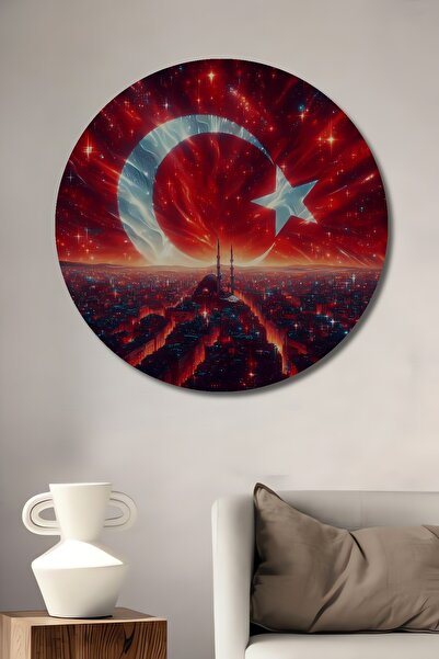 Teona Ahşap Dekoratif Yuvarlak Ahşap Tablo Türk Bayrağı ve Fütüristik Manevi ...