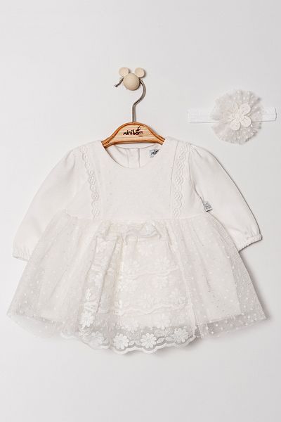 MİNİBORN Girl's Long Sleeve Dress with Ecru Skirt - Layered Detail and Tulle