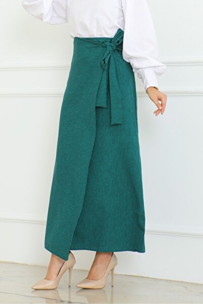 Bestenur Emerald Green Linen Skirt 1085 - Wraped