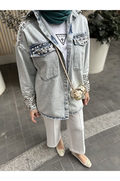Lavanta Tekstil Kadın Denim Açık Mavi Tasarım Zımba Detaylı Kot Ceket