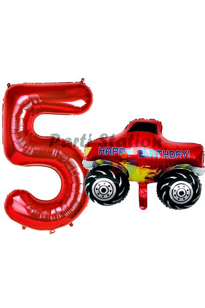 Parti Station 5 Year Old Monster Truck Pickup Balloon Set - Cars Concept and Red Number