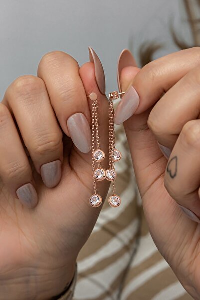 Nereze 925 Ayar Gümüş Rose Kaplama Sallantılı 3'Lü Zirkon Taşlı Küpe