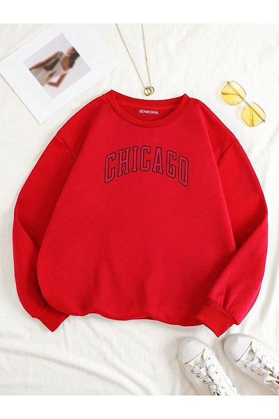 BENROMA УНИСЕКС суитшърт с голям размер - щампа CHICAGO, кръгло деколте