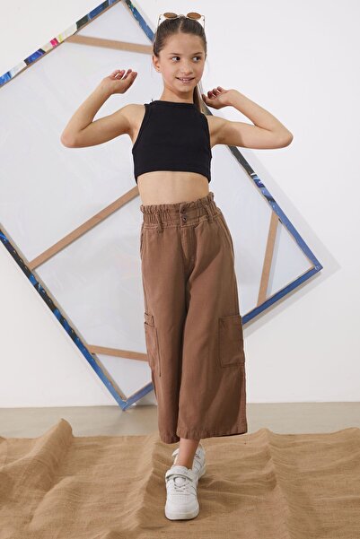 Cansın Mini Kahverengi Yüksek Bel Armürlü Kız Çocuk Pantolon 18940