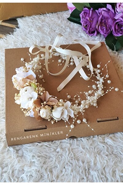 çiğdem kaya design Ekru Somon Cicekli Incili Anne Lohusa Tacı