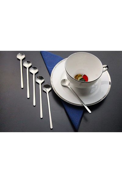 LOVYCO Set of 6 Silver ColoRed mussel DesiGned Tea, Nescafe, Jam, PResentation Spoons