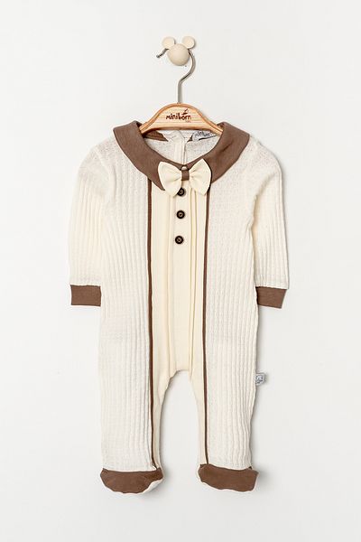 MİNİBORN Men's Long Sleeve Ecru Woven Jumpsuit - Newborn, Button Detailed