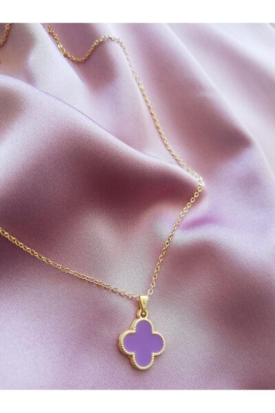 Judas Takı Kadın Mor Mineli Yonca Figürlü Gold Kolye