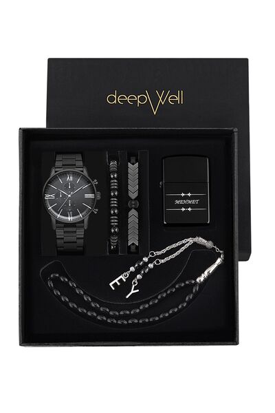 DEEPWELL Siyah Renk Erkek Kol Saati Tespih Bileklik Ve Çakmak Seti RN03
