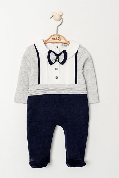 MİNİBORN Men's Gray Long Sleeve Pleat Detailed Newborn Jumpsuit