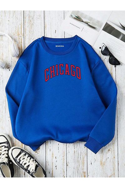 BENROMA УНИСЕКС суитшърт с голям размер - щампа CHICAGO, кръгло деколте