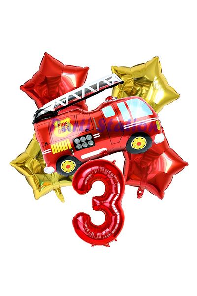 Parti Station 3 Year Old Birthday Fire Department Fireman Balloon Set - Vehicles and Number Balloons