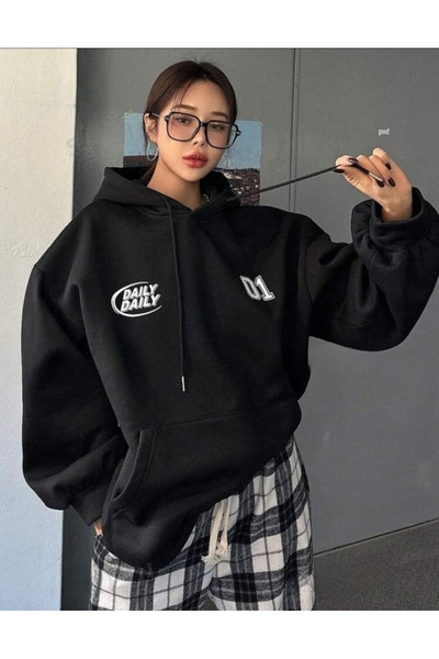 BYMEER Hanorac negru cu glugă - Daily 01 Printed