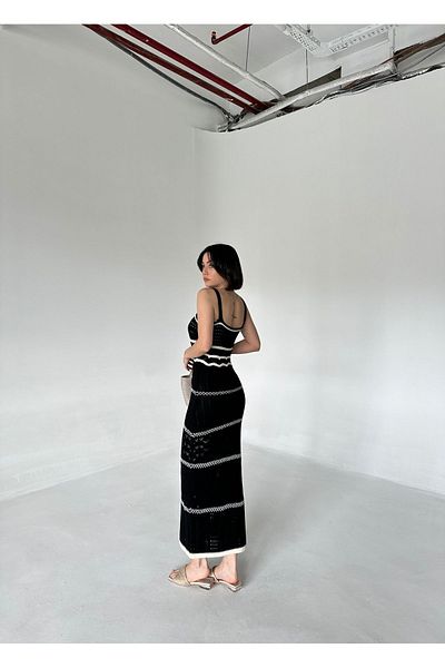 Elilook Rochie de damă din tricotaje lungi de vară cu dungi ajurate din bumbac