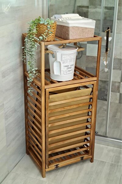 Digithome Ceviz Rengi Ahşap Kirli Sepetli Banyo Düzenleyici Raf – Cvz01 C1-1-140