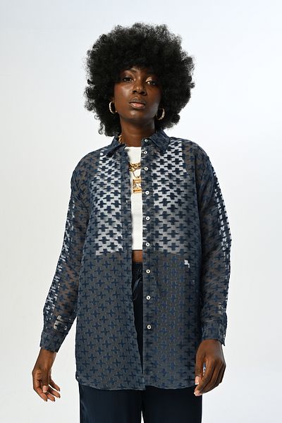 Orfeo Negro Cămașă de damă oversize transparentă cu model bleumarin