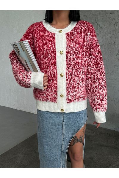Elilook Gold Buttoned Raised Crew Neck Women's Cardigan