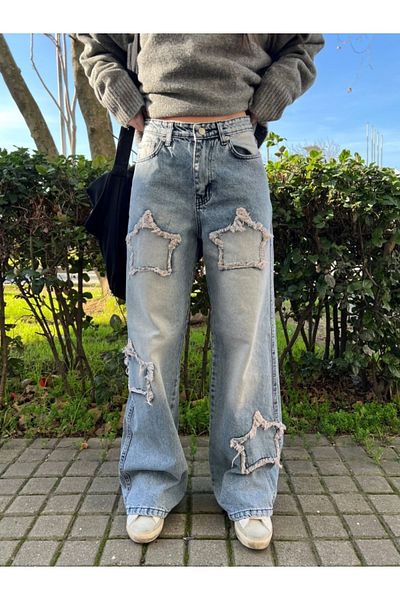 BİLBEC JEANS Y2k Stars Patch Detail Μπλε παντελόνι που πλένεται με χιόνι Day Light Star Detail Φαρδύ παντελόνι