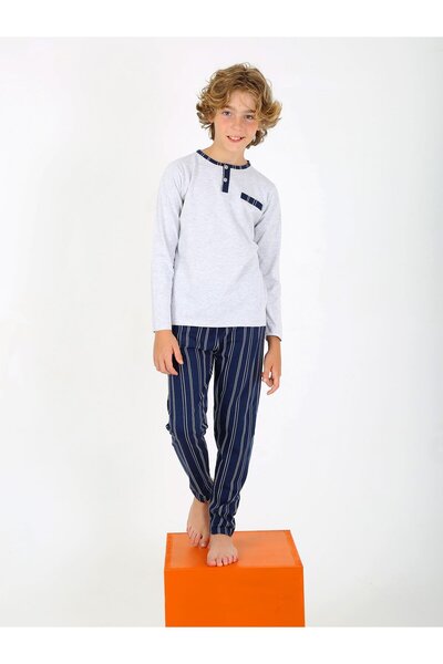 vitmo Boy's Classic Pajama Set - Long Sleeve, 100% Cotton, Button Detail
