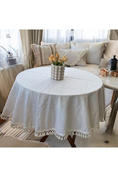 NDC HOME ROUND Raw Linen Cream Pompom Table Cloth