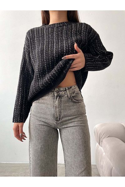 Elilook Pulover de damă cu imprimeu învechit metalic - împletit cu păr