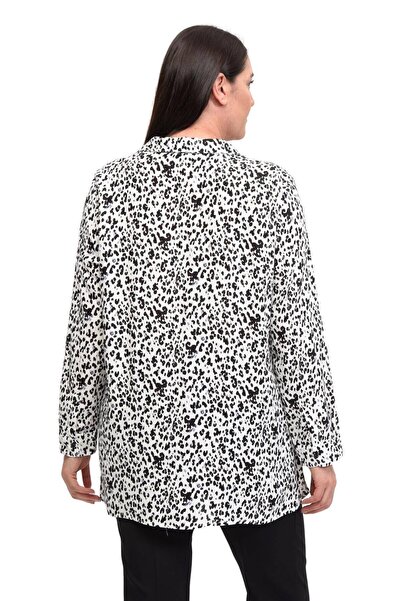 Hanezza Kadın Büyük Beden Siyah Patlı Yaka 42-52 Leopar Desenli Viskon Pamuklu Bluz