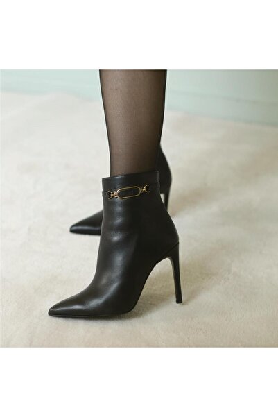 Platin Siyah Deri Kadın Topuklu Bot