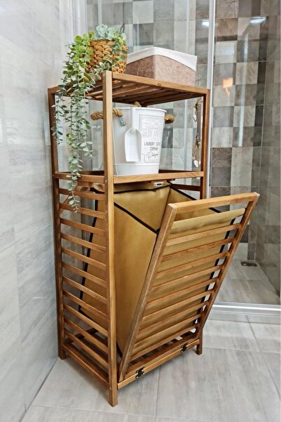 Digithome Ceviz Rengi Ahşap Kirli Sepetli Banyo Düzenleyici Raf – Cvz01 C1-1-140