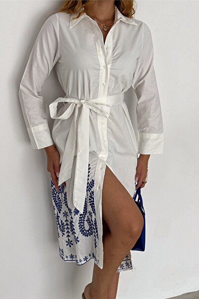 FEMELLE Kadın Beyaz Belden Kuşaklı Yırtmaçlı Düğmeli Nakış İşlemeli Pamuklu Elbise