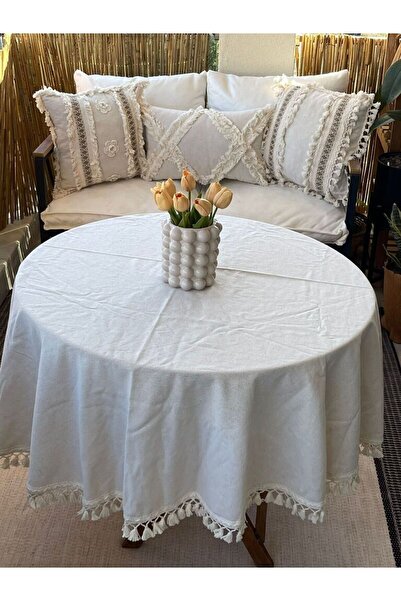 NDC HOME ROUND Raw Linen Cream Pompom Table Cloth