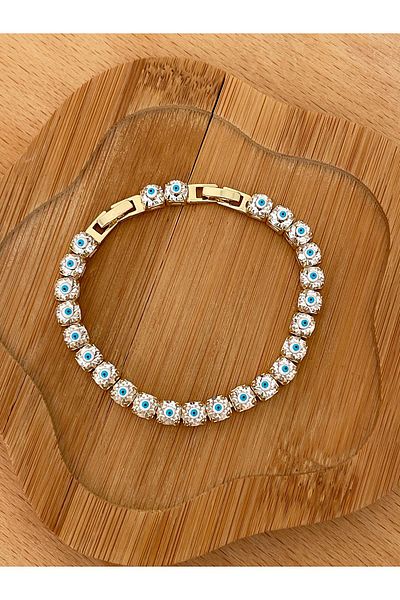 JELLY Gold Colored Steel GlItterIng Eye DesIgn Bracelet wIth zIrcon and EvIl Eye Beads