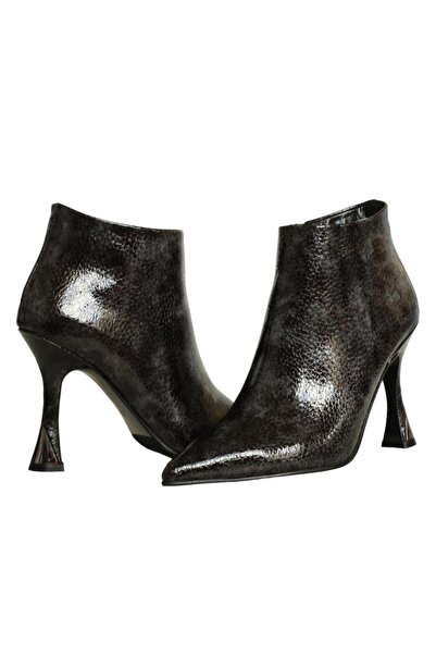Platin Füme Baskı Kadın Topuklu Fermuarlı Detaylı Bot