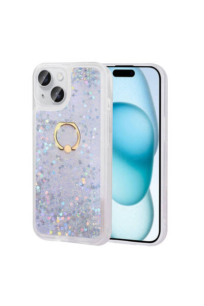 AQUA AKSESUAR Apple  iPhone 15 Plus Uyumlu Akışkan Simli Sıvılı Yüzüklü Parla...