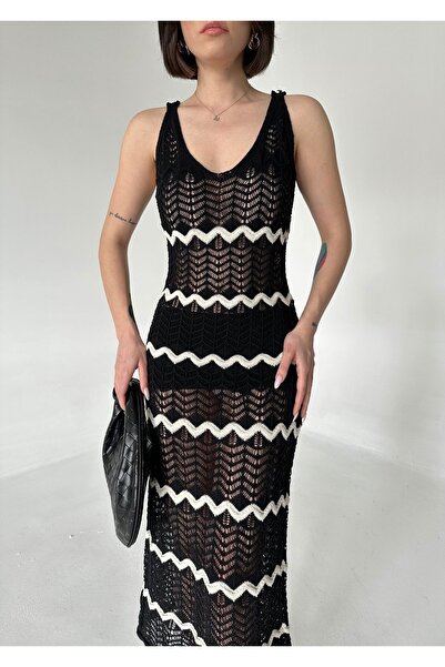 Elilook Дамска лятна рокля от трикотаж с ажурен зигзагообразен шарков мотив