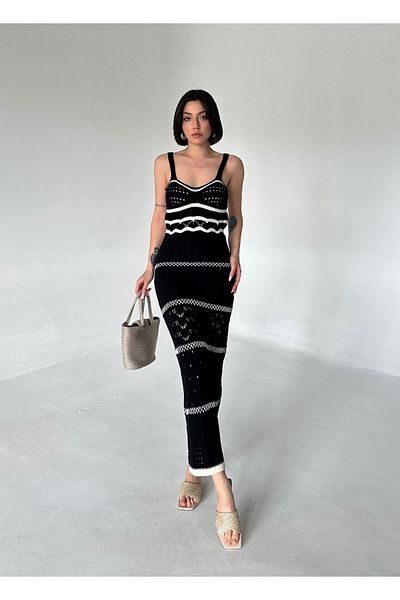 Elilook Rochie de damă din tricotaje lungi de vară cu dungi ajurate din bumbac