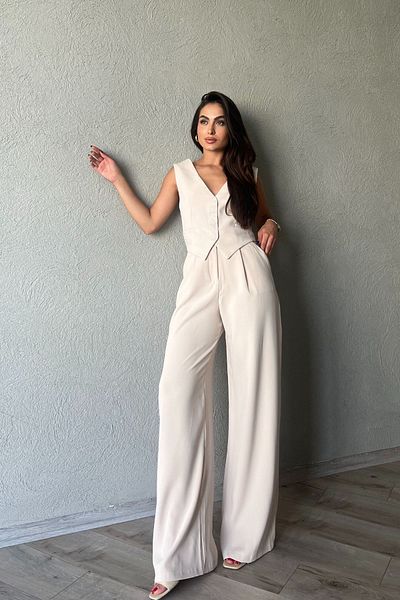 Seda Yalçın Atelier Beige Palazzo Trousers and Vest Set - Back Detail