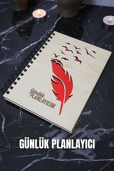 markcat Caiet de planificare din lemn A5 Feather Pen - Agenda fără timp și planificator zilnic