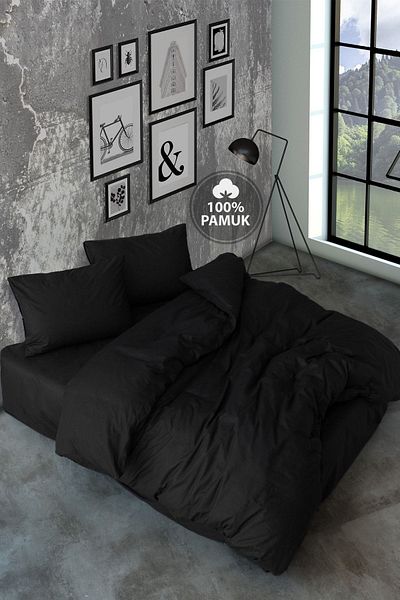 Casa Carina Set de lenjerie de pat dublă din material ranforce cu cearșaf cu elastic, negru