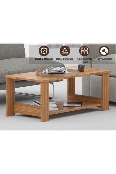 Mahmayi Modern Coffee Table | 2-Tier Storage | Durable Natural Dijon Walnut | Easy Maintenance